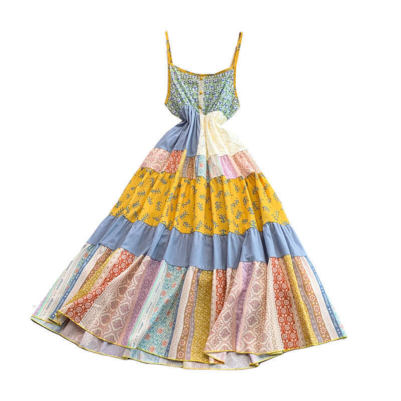 Dopamine Ethnic Belt Women's 2026 Summer Color blocked Flower Vacation Style Super Fairy Casual Long Dress