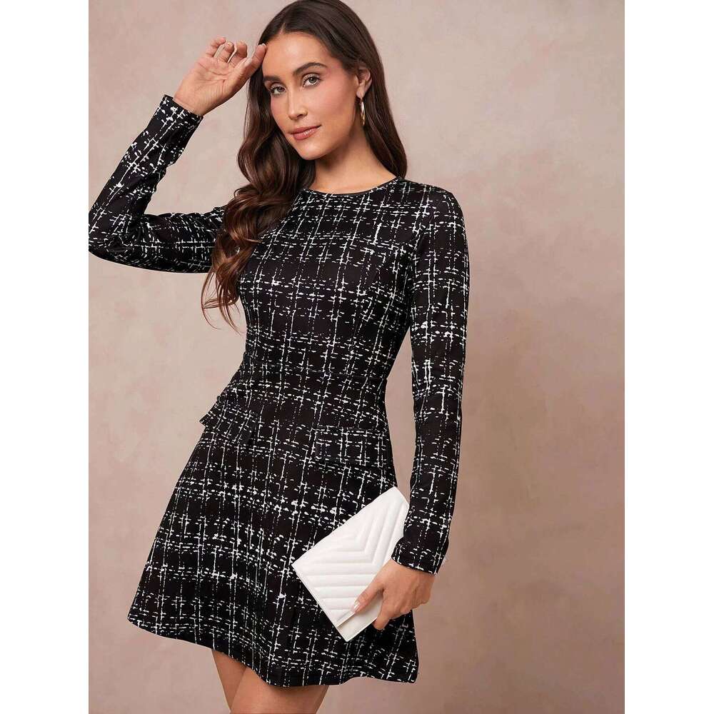 The mini long-sleeved plaid women's dress for autumn winter in Europe and America is versatile Z260313