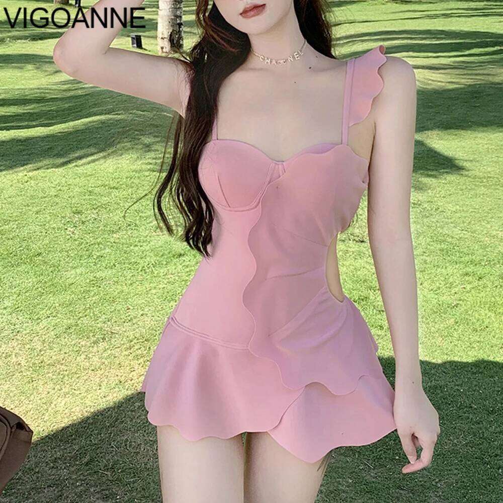 VigoAnne Pink Verge Dress Swimwear Women 2026 Strapped Hollow Push Up Swimsuit Korean Monokini Backless Bathing Suit 26H0313