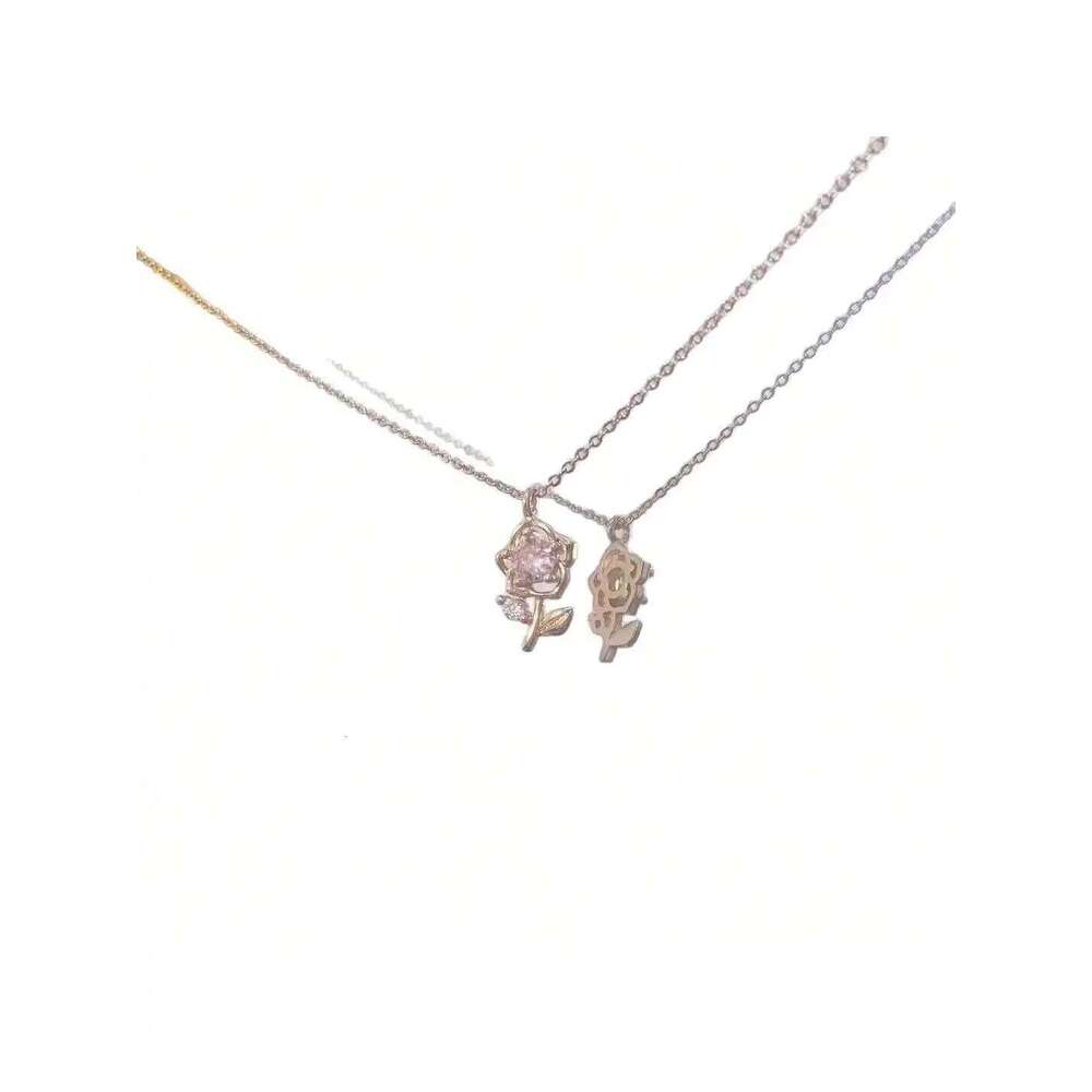 1pc Gold Pink Diamond Rose Necklace Minimalist Fashion Jewelry, Stylish Pendant Chain Suitable for Daily Wear, Party & Gat H260312