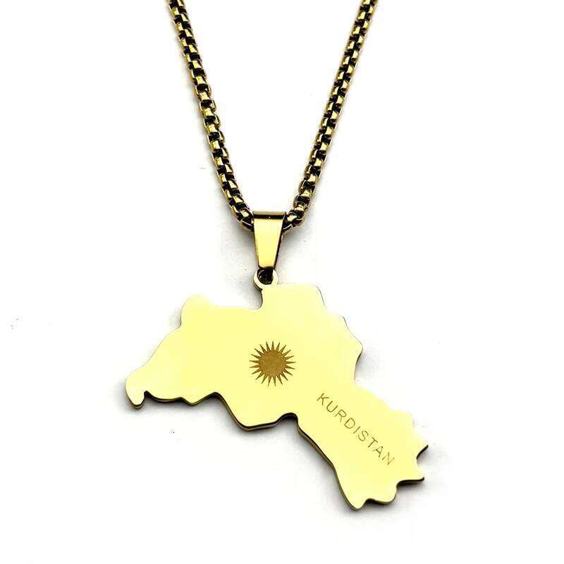 Kurdistan Map Flag Sun Symbol Pendant Necklace for Men Women Stainless Steel Gold Color Ethnic National Geography Chain Jewelry H260312