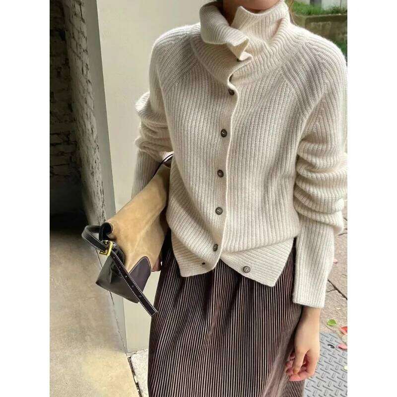 Women'S Stand Collar Cardigan Sweater Elegant Vintage Ribbed Long Sleeves Knitted Jumper Single Breasted Clothes Autumn Winter Z260313