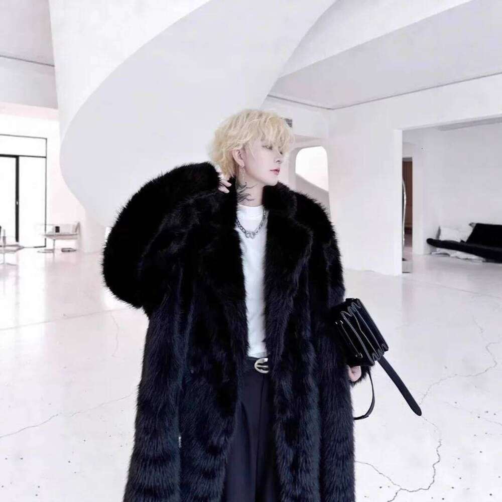 Men Faux Jacket Coat Fox Fur Solid Spliced Outerwear Winter Turn Down Collar Long Sleeve 2025 Overcoat High Street Loose Z260313