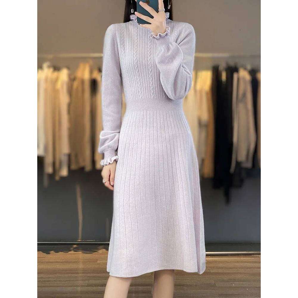 100% Merino Wool Women's Pullover Dress With Fungus Collar Autumn Winter Casual Fashion Knitted Cashmere Long Skirt Z260313
