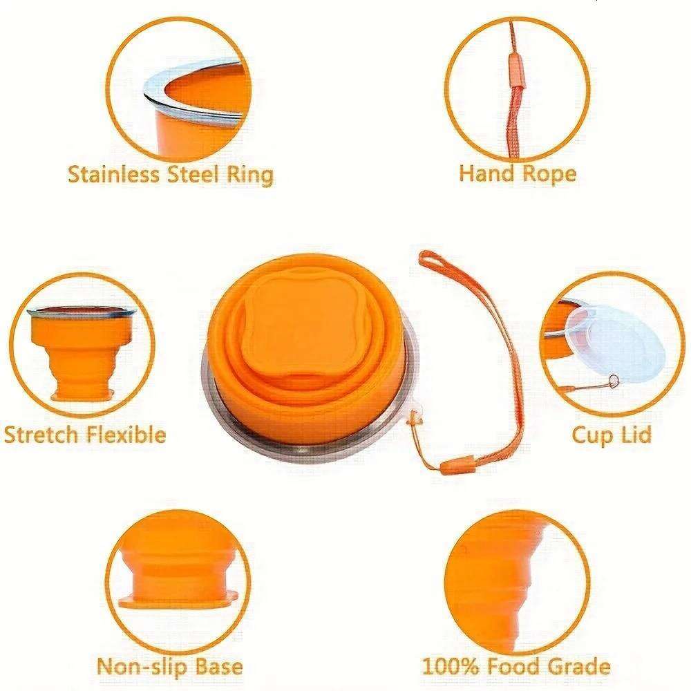 1Pack Silicone Collapsible Travel Water Portable Camping Cup with Lids Food Grade Mugs Set for Outdoor Drinking Z260313