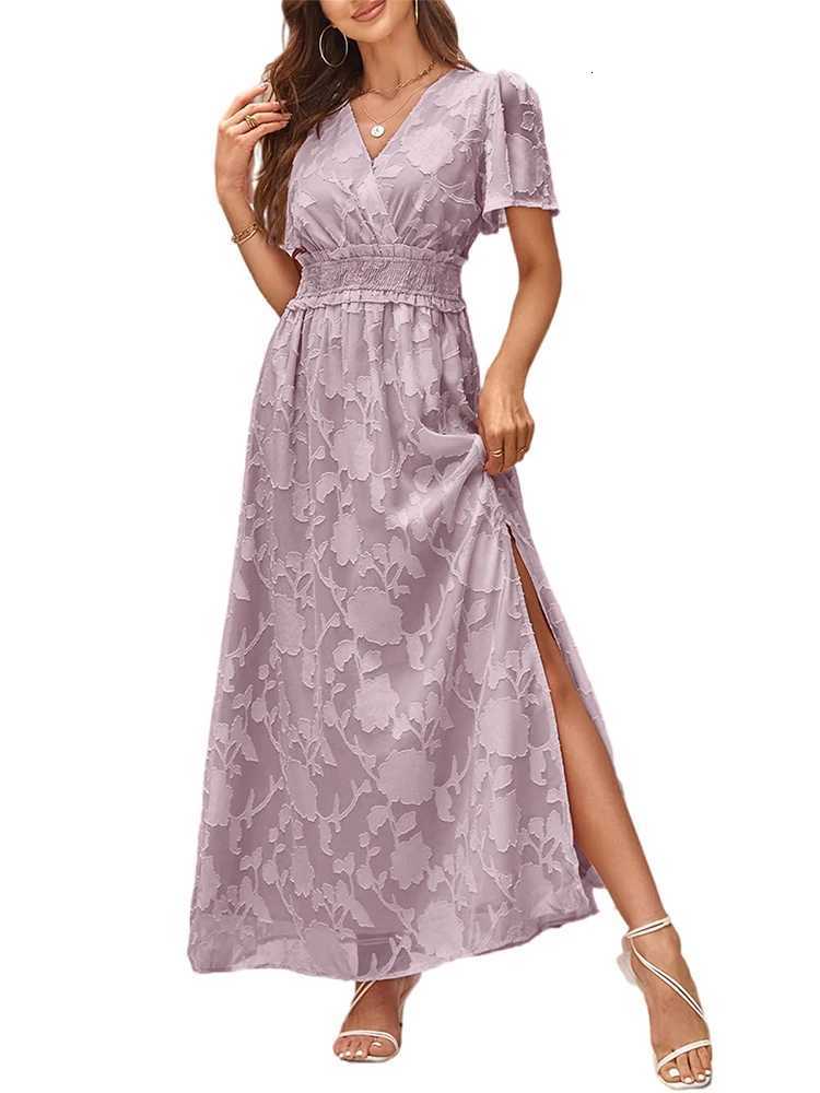 Maxi Dress Casual Summer V Neck Puff Sleeve High Waist Lace Up Dress Elegant Flowy Dress Sleeveless for Women Thigh Slit CrossoT260314