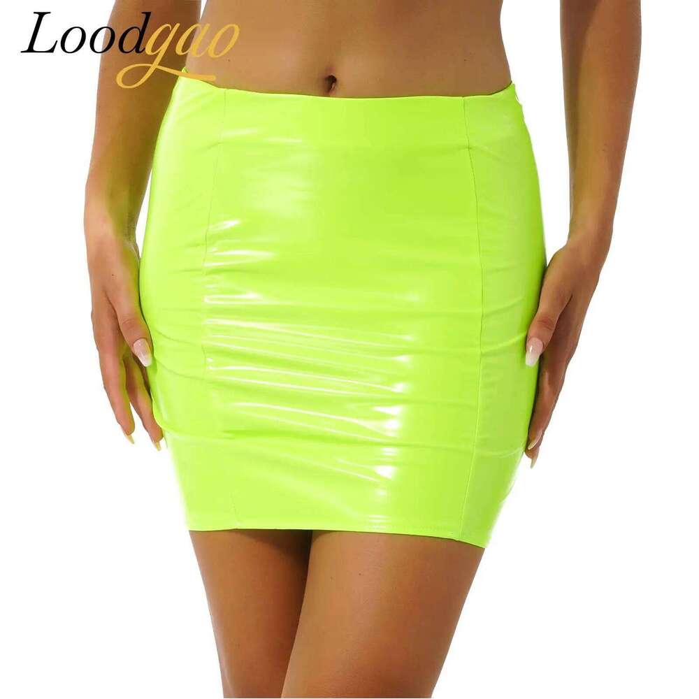Women Pencil Wet Look Latex Skirt Patent Leather Elastic Waistband Miniskirt Solid Color Sexy Shiny Skirts Glossy Clubwear Z260314