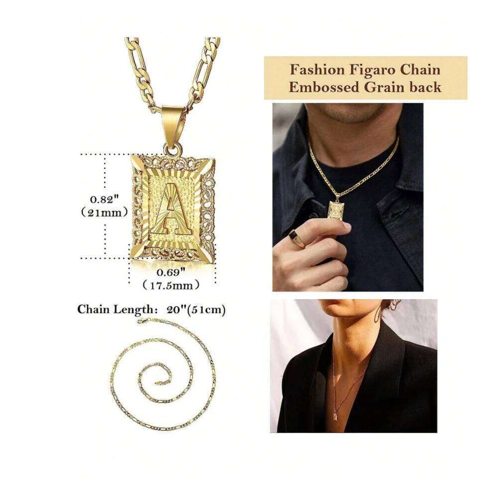 Initial Square Letter Pendant Capital Monogram Alhpabets From A-Z Figaro Chain Necklace H260312