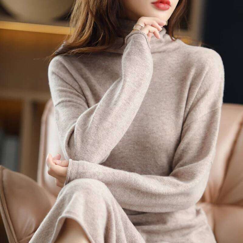25 The new pullover 100% wool ladies solid color long-sleeved knitted fashion slim long high-neck cashmere dress sweater Z260314