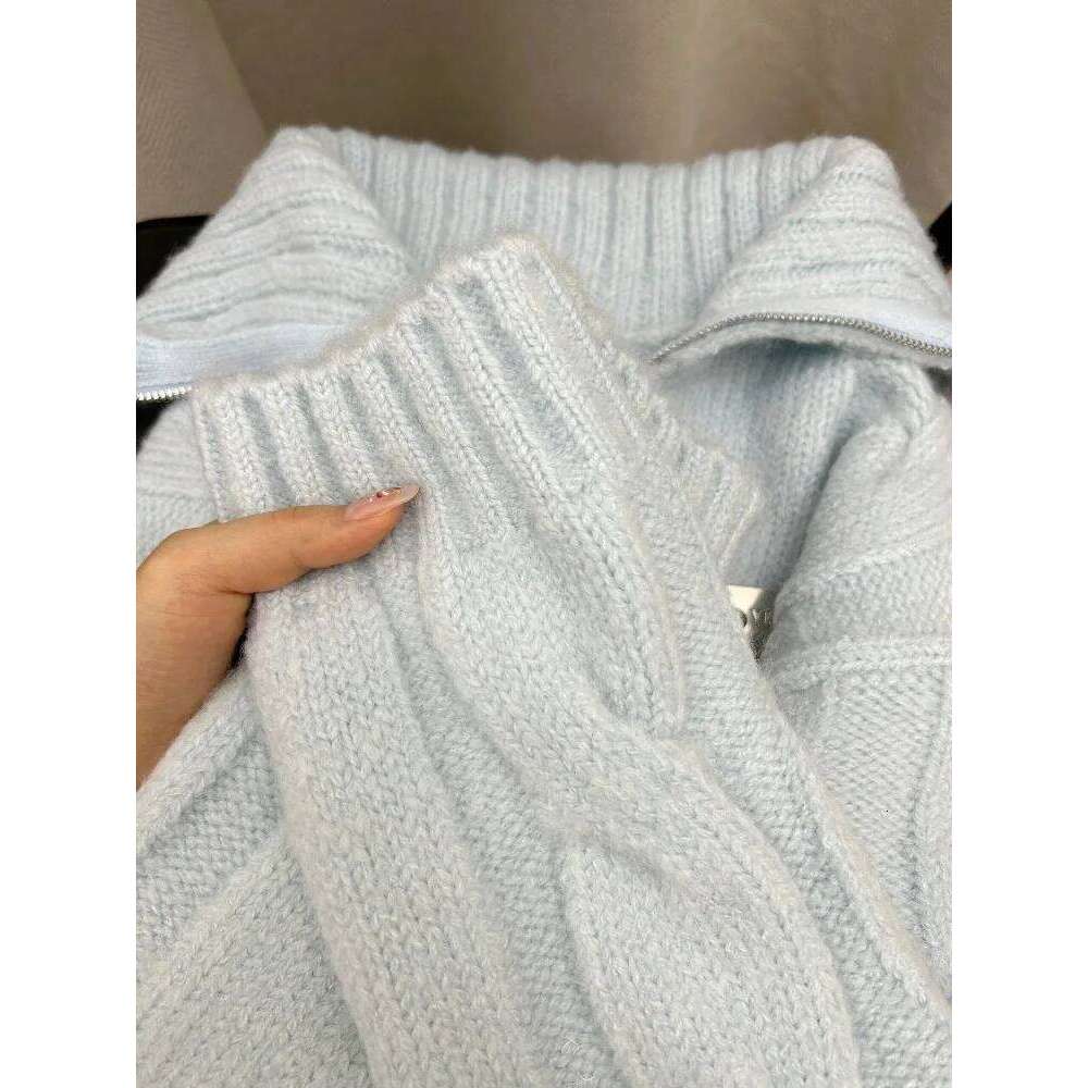 Women American Retro Blue Knitted Sweater Autumn Winter Casual Solid Y2k Cardigan Coat Ladies Sweet Fashion Outwear Tops New Z260313