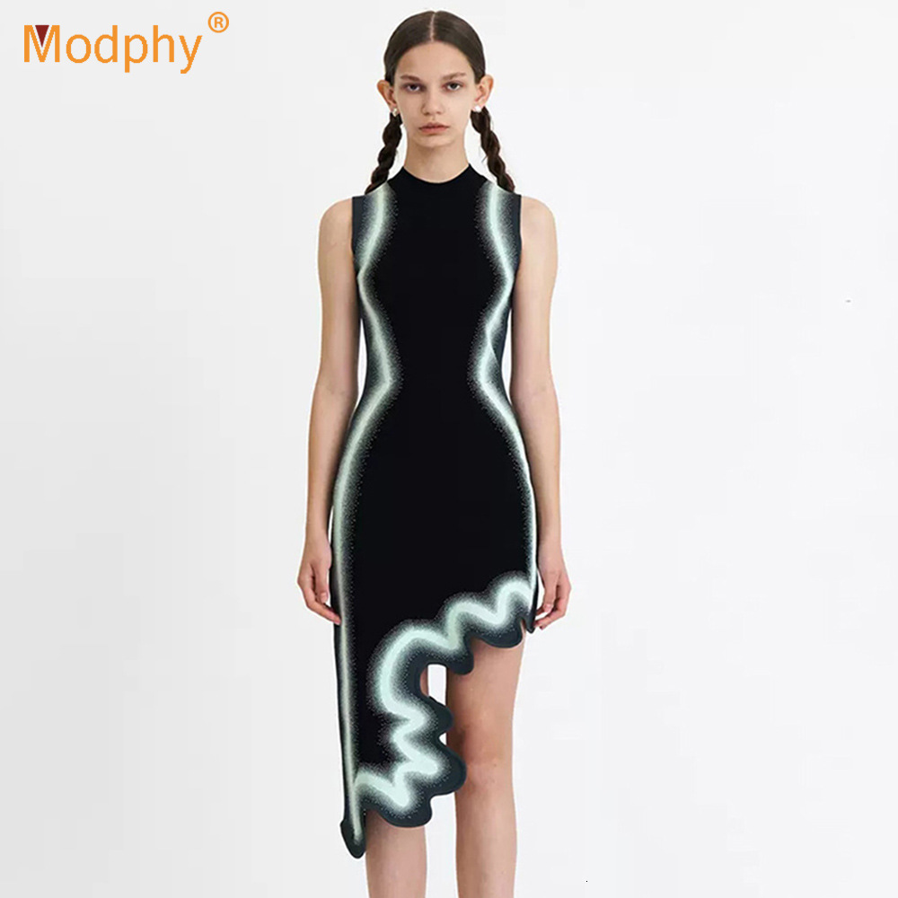 Fashion Contrasting Irregular Hem Slim Dress For Women Elegant Round Neck Sleeveless Midi Dresses Summer Lady High Street Robes 240802