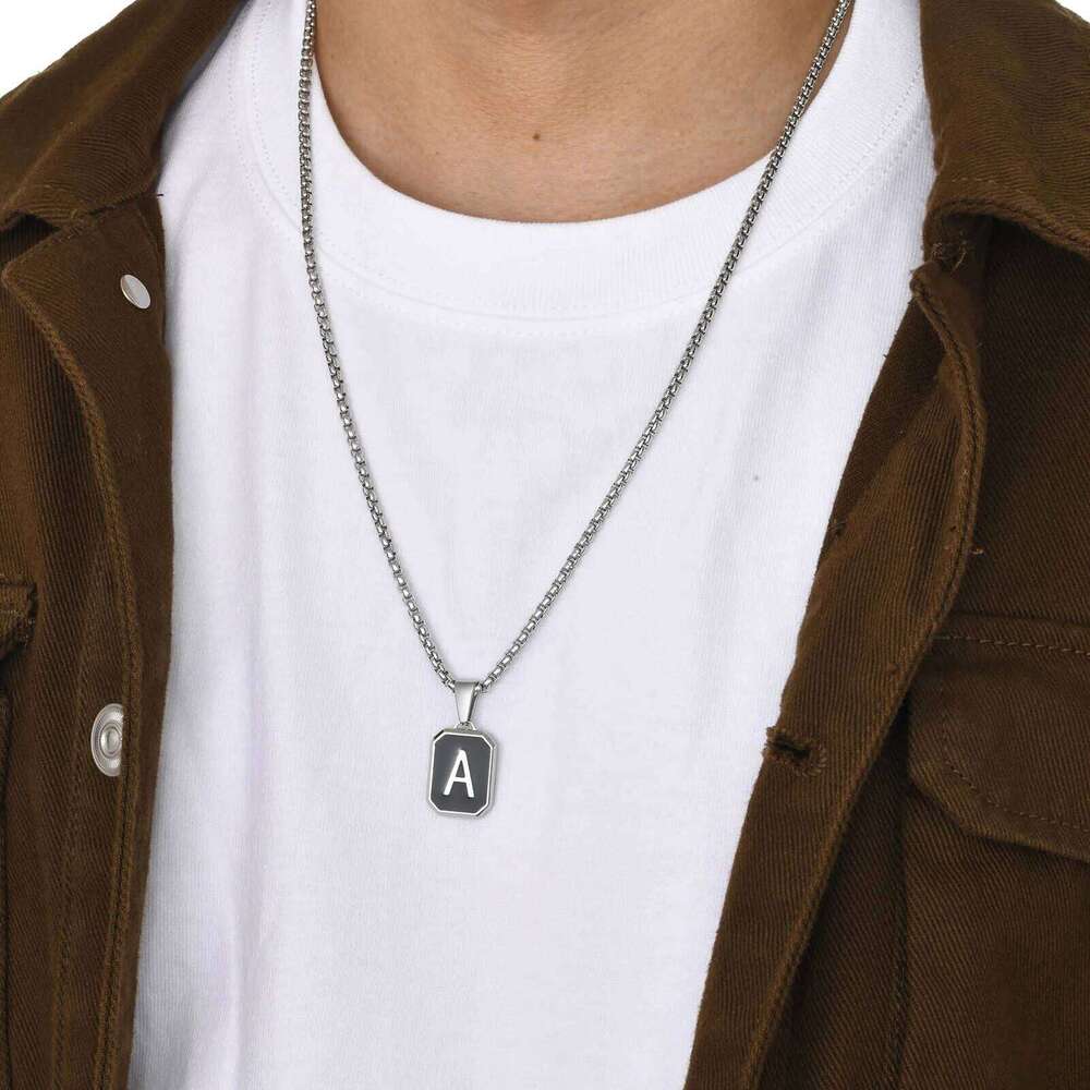 Stylish Initials Square Necklaces for Men Boys,A-Z 26 Letters Stainless Steel Pendant Collar Gifts,50/55/60/70cm H260312