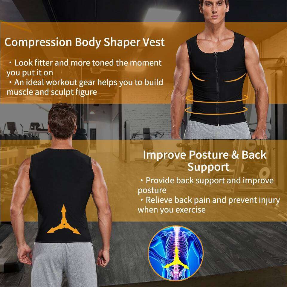 Men Sauna Sweat Vest Waist Corset Zipper Workout Tank Top Slimming Body Shaper Compression Shirt Weight Loss Fat Burner 26Y0313