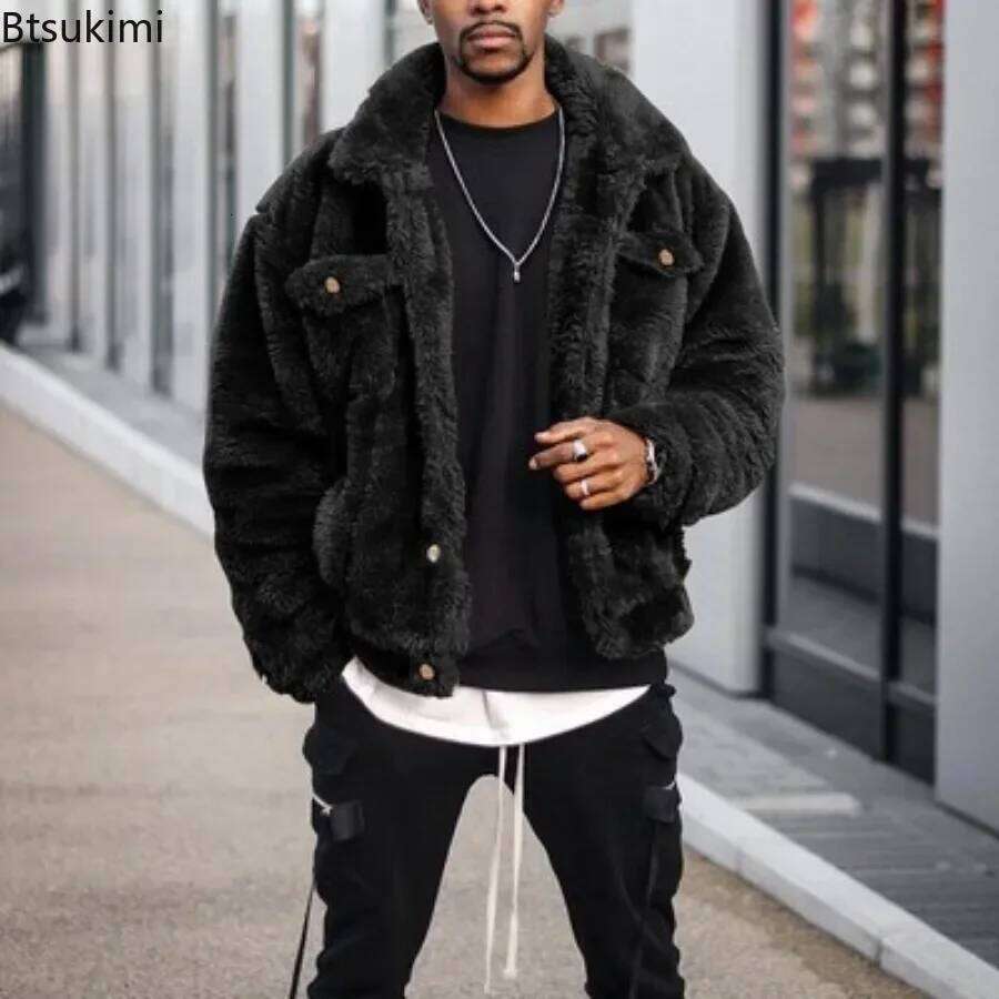 Autumn Winter Men's Mid-length Style Plush Fashion Casual Fluffy Warm Coat Male Solid Tops Loose Thermal Jacket Outerwear Z260313