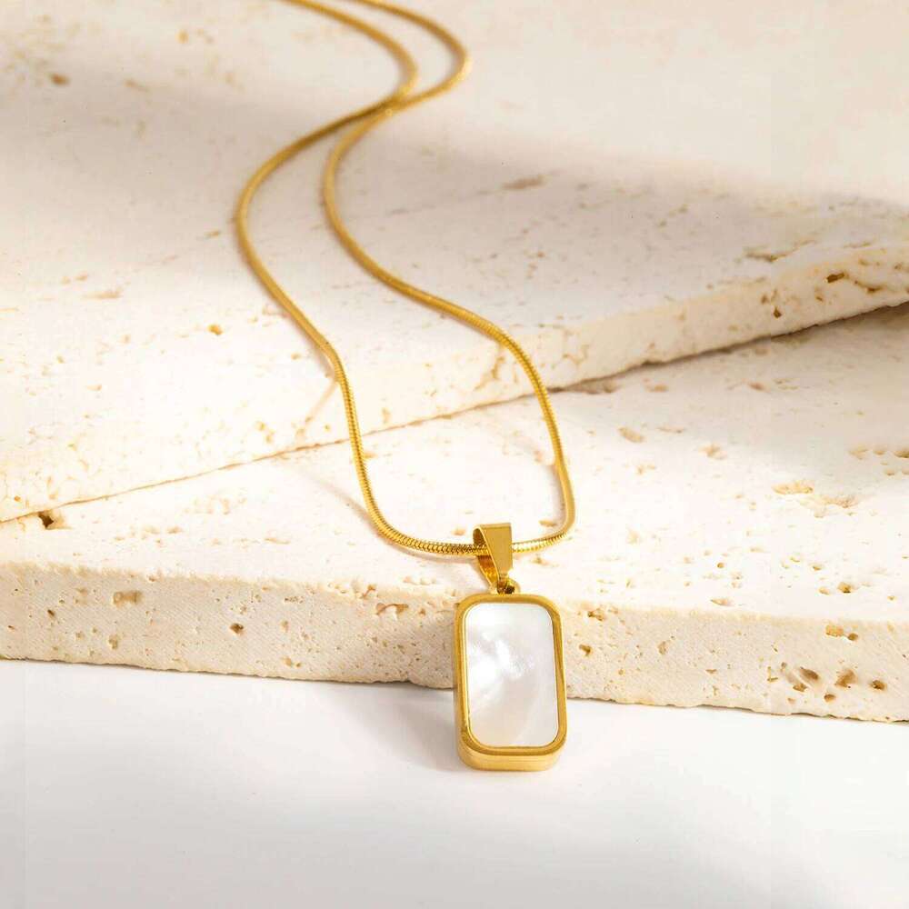 Double Sided Square Pendant Necklace for Women - Hypoallergenic 18K Gold Plated Stainless Steel -Shell & Acrylic Fashion Jewelry H260312