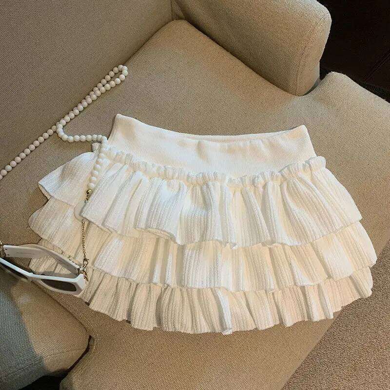 Sweet Puffy Cake Women Skirts Korean Fashion Ruched Ruffle Mini Campus Harajuku Casual Versatile Elastic Waist Solid Skirt Z260314