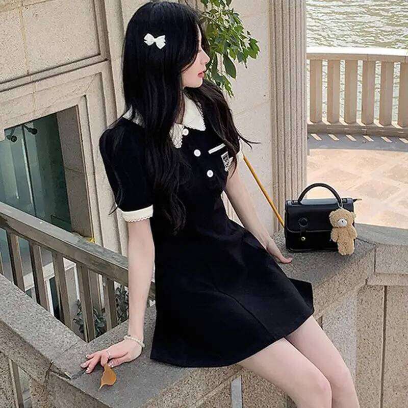 Fashion Contrasting Colors Academic Style Appear Thin Lower Back Printing Temperament Polo Collar Women's Dress Summer 2024 Z260313