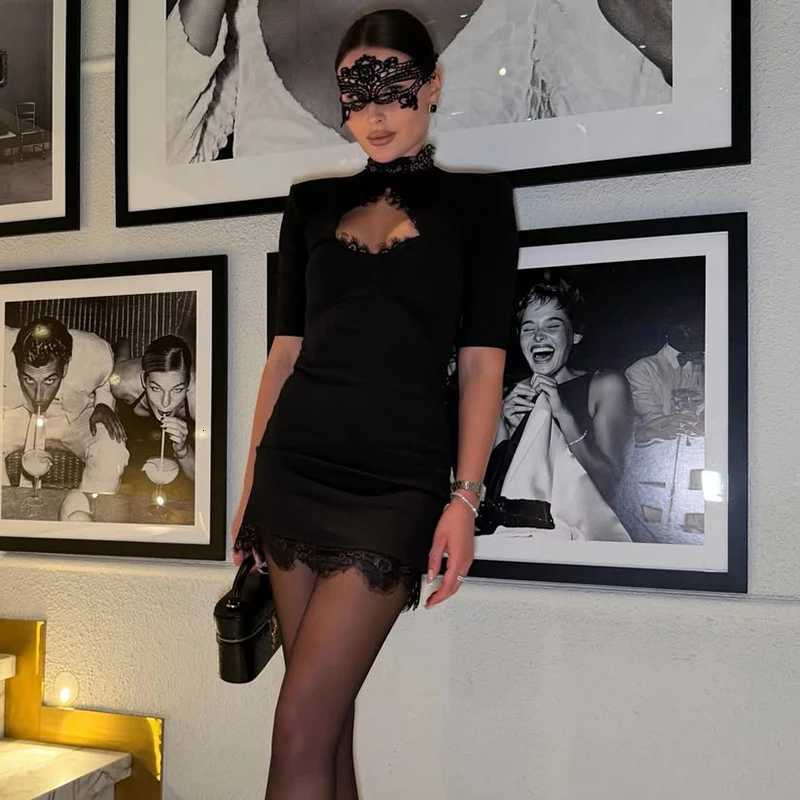 Tornova Sexy Hollow Lace Mini Dress For Women Fashion High Waist Short Sleeve Dress 2025 Autumn New Club Party Slim Black DressT260316