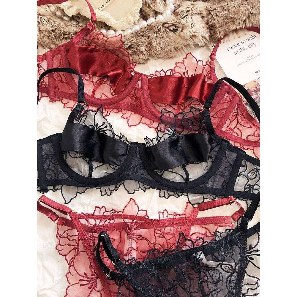 French Underwear Sexy Lace Flowers Embroidery Bra Set Women Intimates Summer Ultra Thin Breathable Bralette Lingerie Panties