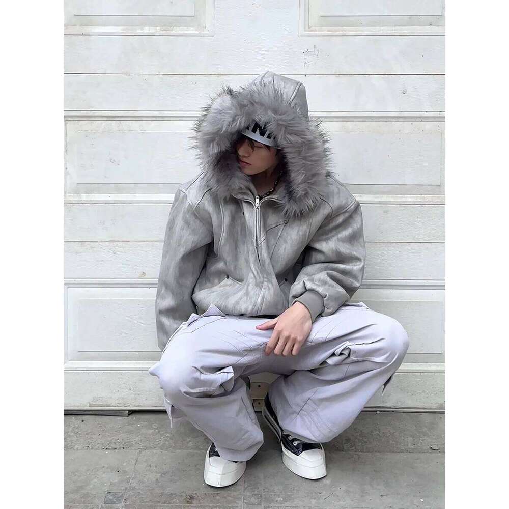 ReddaChic Faux Hooded Men's Bomber Jacket with Pockets Autumn Winter Full Zip Thicken Cotton Coat Fur Collar Outdoor Parkas Z260313