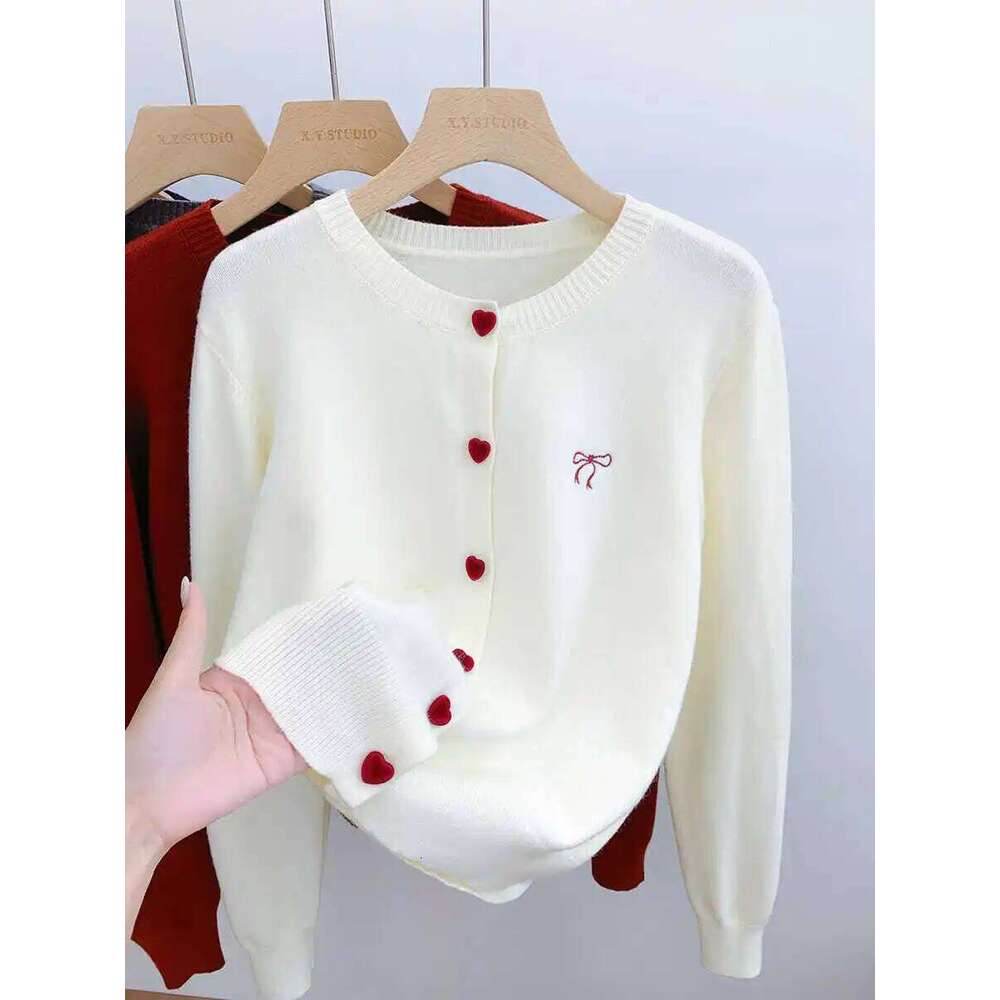 2026 Korean Casual Solid Tops Women O-Neck Single Breasted Heart Button Sweater Bow Embroidery Knitted Cardigan Woman Clothes Z260314