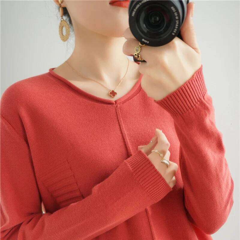 2023 Autumn/Winter Women's New Pullover Casual Solid 100% Cotton Knitted V-Neck Loose Sweater Fashion Soft Breathable Top