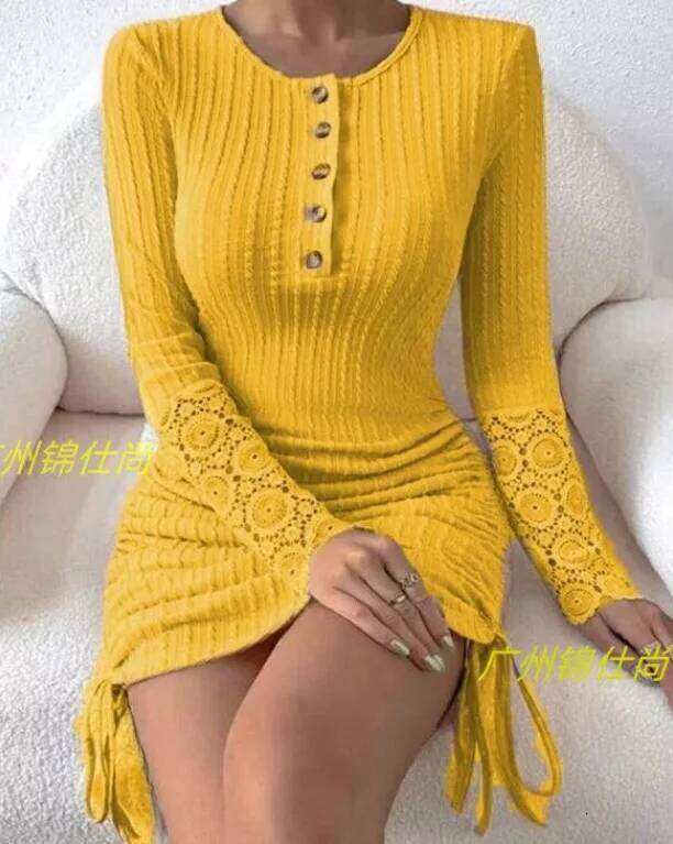 Autumn New Women's Round Neck Long Sleeved Sexy Spicy Girl Tight Fitting Hip Hugging Dress With Adjustable Side Drawstring Z260313
