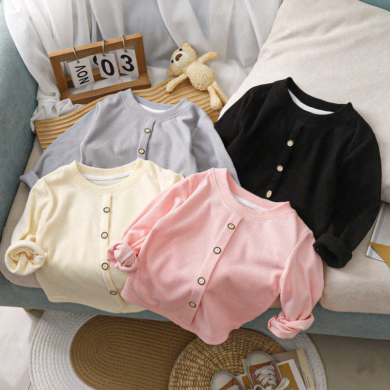 T-shirts Girls' Sweet Long-Sleeve T-Shirt New Style Knitted Base Shirt Children's Ribbed Elastic Buttoned Warm Top