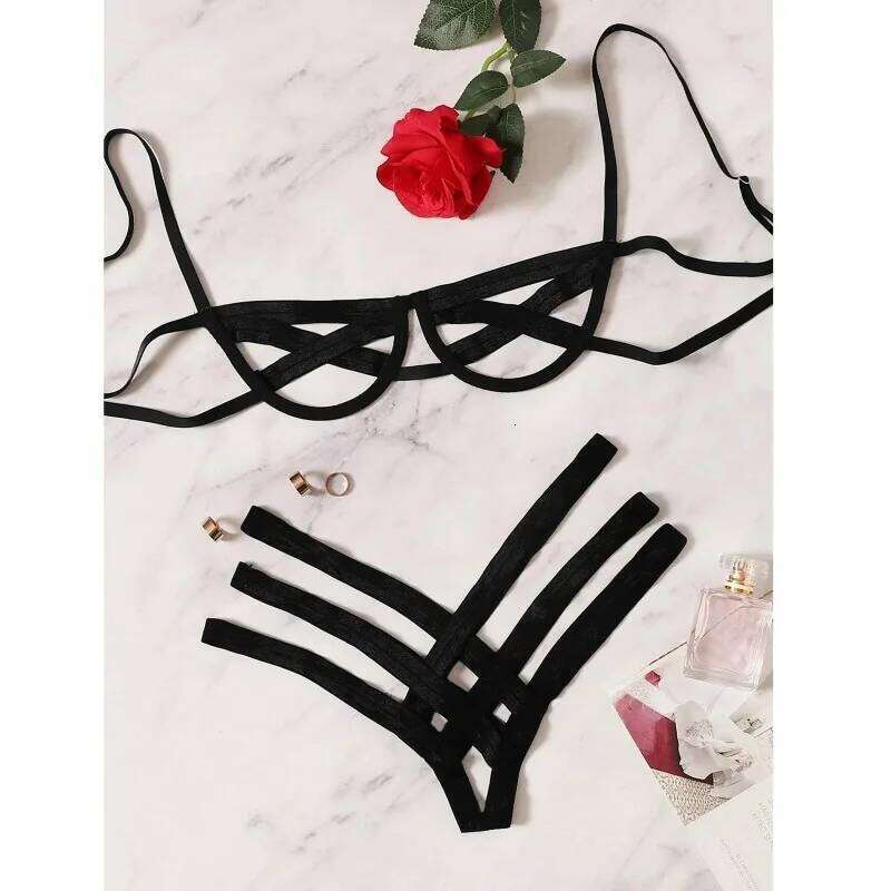 Bondage Harness Lingerie Set Womens Elastic Hollow Out Sets Black Cupless Cage Bra Thong Sexy Intimates Exotic Underwear