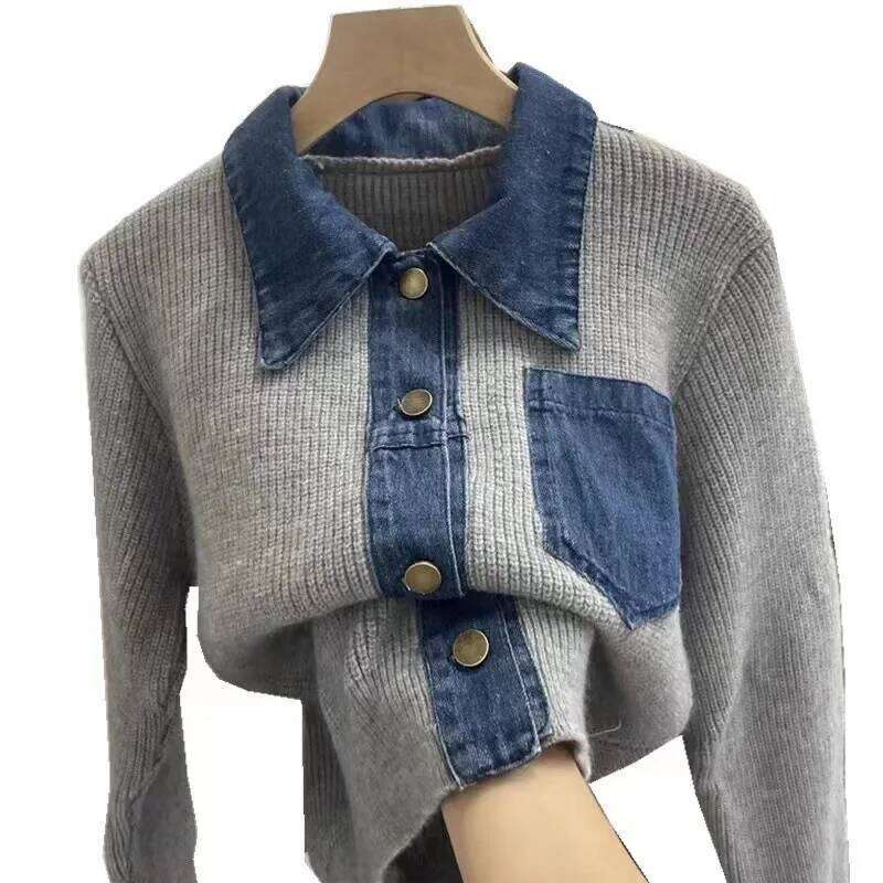 2026 Autumn Winter New Loose Fashion Long Sleeved Sweater Design Sense Polo Collar Denim Patchwork Knitted Women Cardigan Tops Z260313