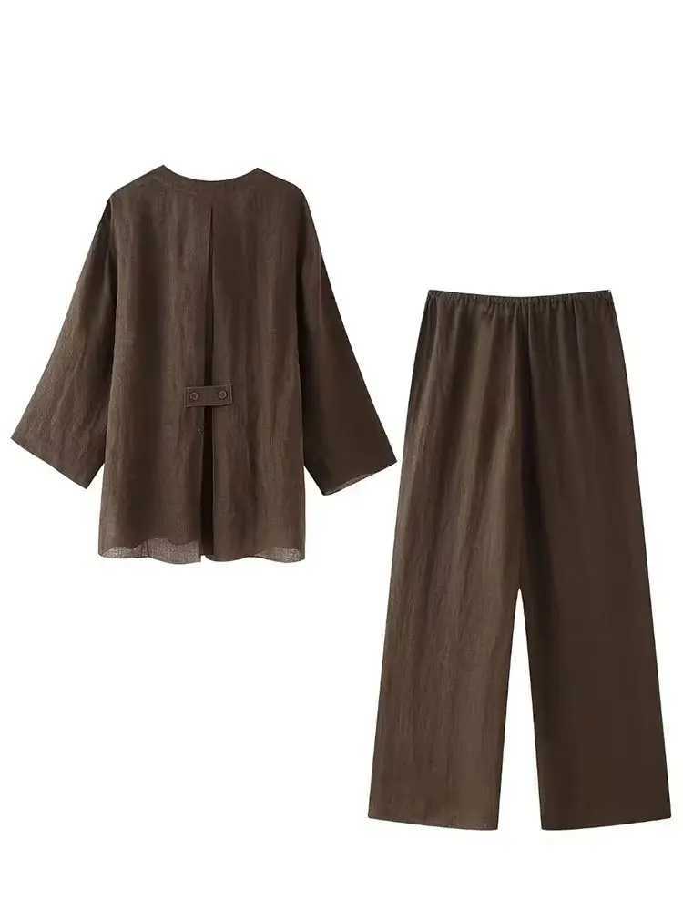 HH Pajama Style Pants Sets Women Fashion Kimono Style Lace Up Shirt Top Elastic Waist Trousers Womens Casual Outfits M260313