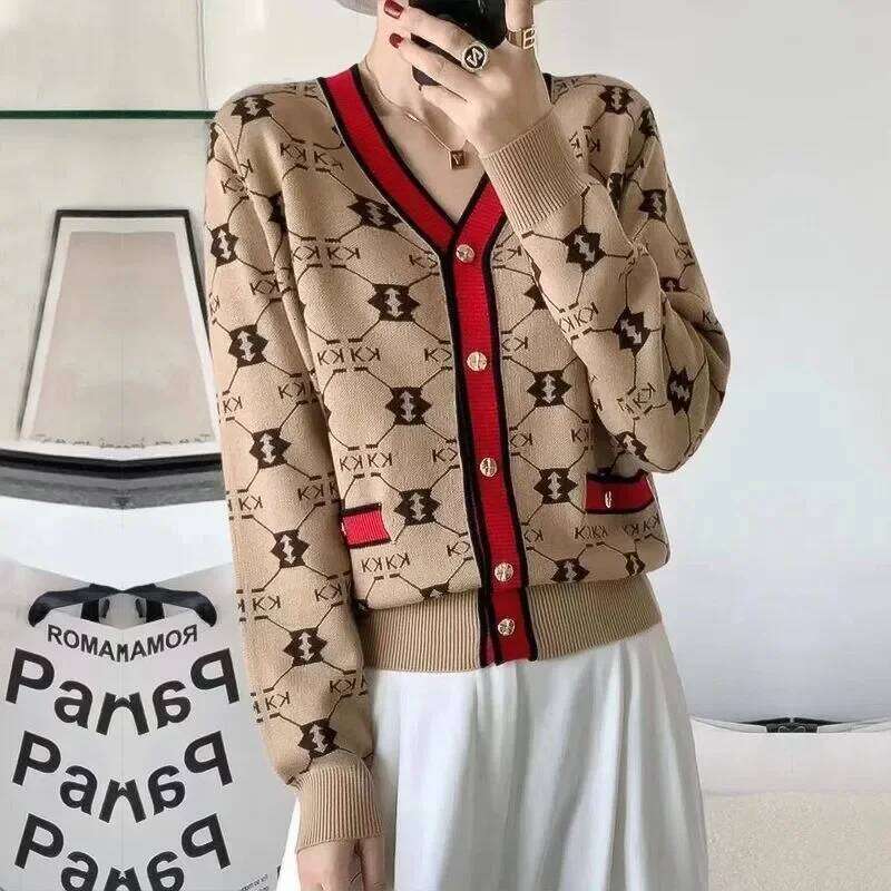 Luxury Retro Print Knit Cardigan Women Autumn Winter Single-breasted Coat Soft Sweater Long Sleeve Tops Design Clothing Trend Z260313