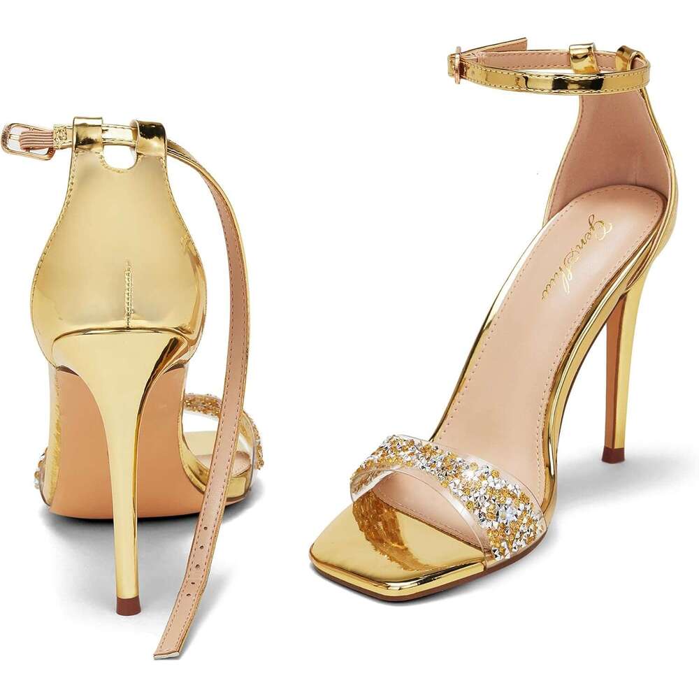 High Heeled Sandals For Women One Heels With Square Open Toe Inch Stiletto Ankle Strap Shoes Elegant Sexy Dress Wedding Party MOJIDASHU