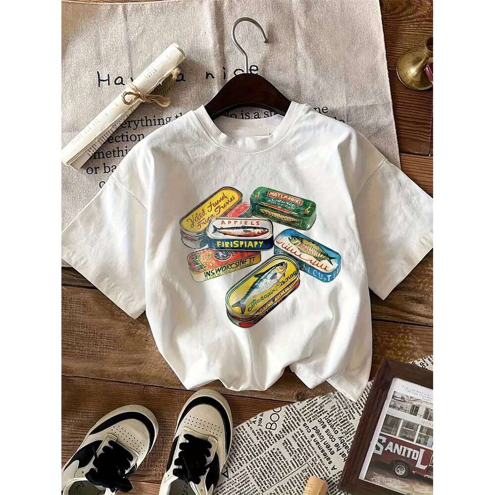 Cartoon fish can print short-sleeved T-shirt casual simple style suitable for daily wear and outing in summer Z260314