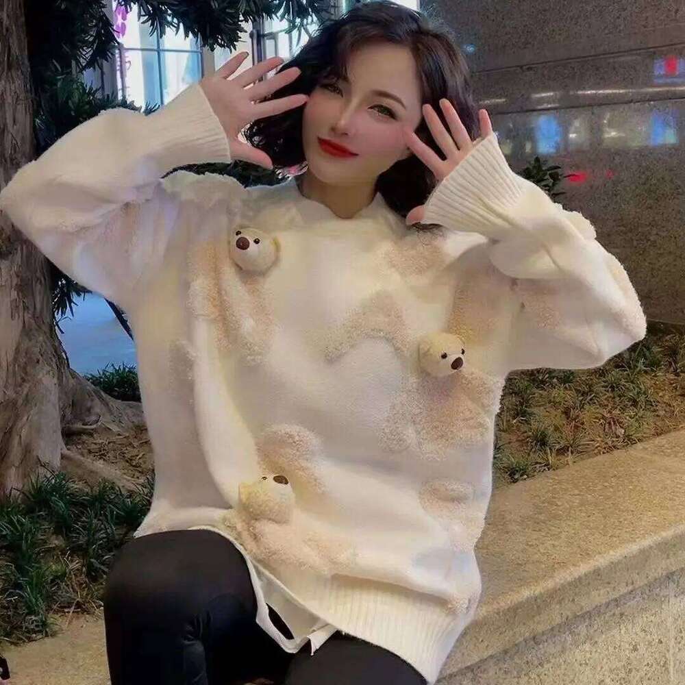 Women's Autumn Winter Cute Bear Letter Sweater Pullovers Lady Fashion O-Neck Loose Knitted Top Falls New Knitwear Clothes Female Z260313