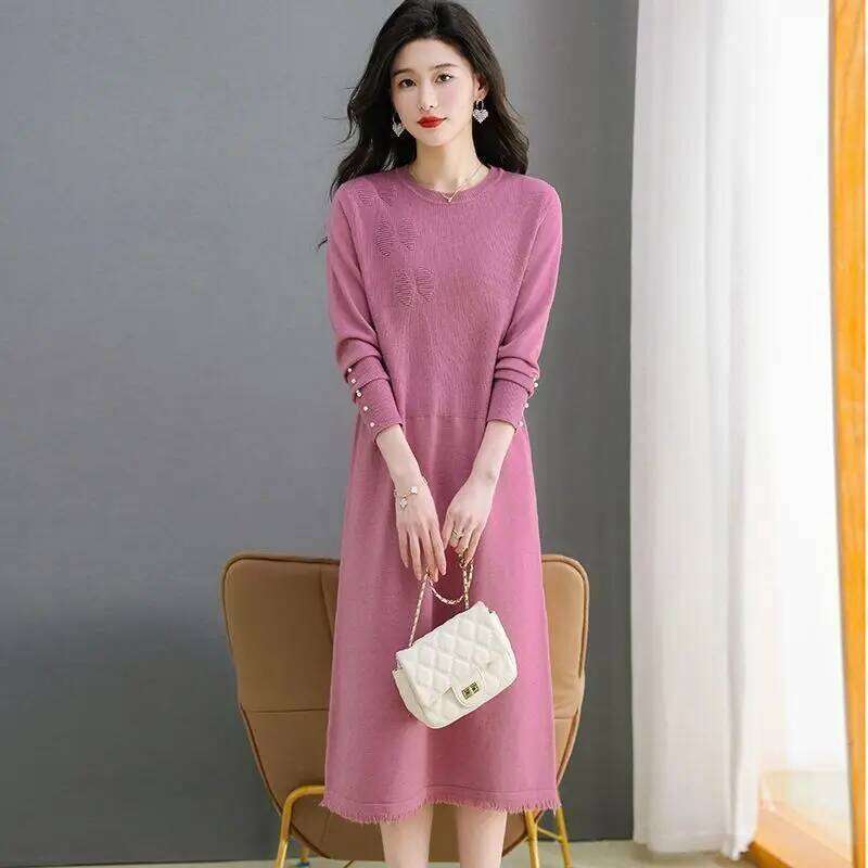Round Neck Fur Women's Slim Long Base Knitted Loose Autumn and Winter Dress Over the Knee New Style 2024 Z260314
