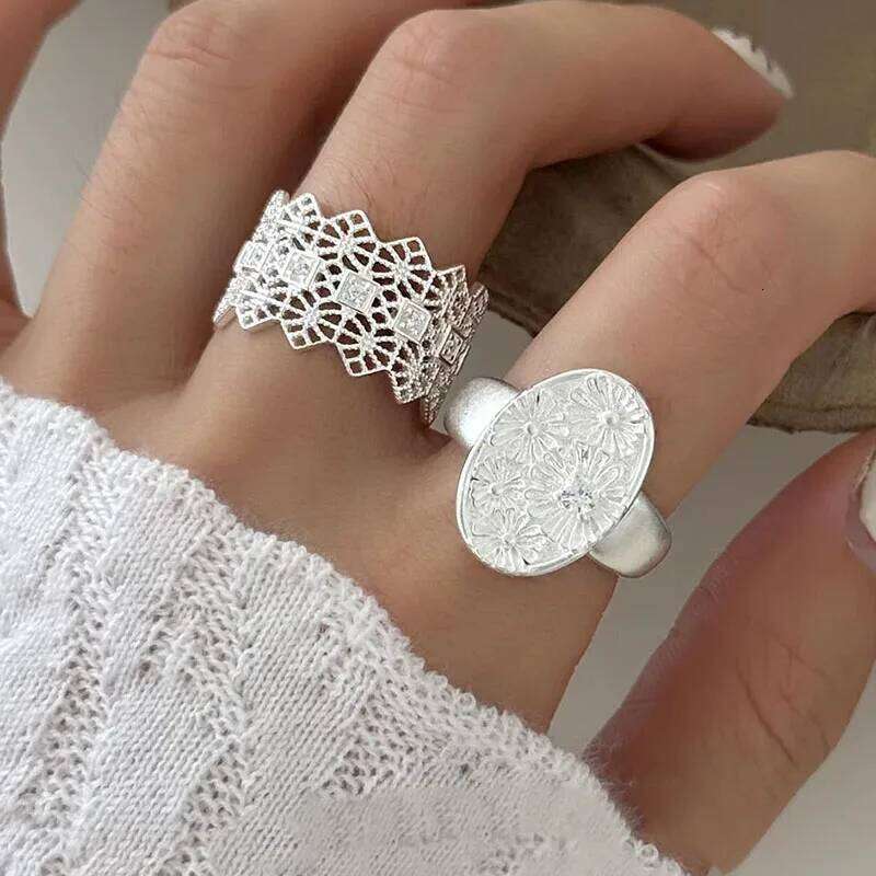925 Sterling Silver Rings Women Geometric Fine Jewelry Finger Adjustable Simple Oval Flower Ring For Party Birthday Gift H260312