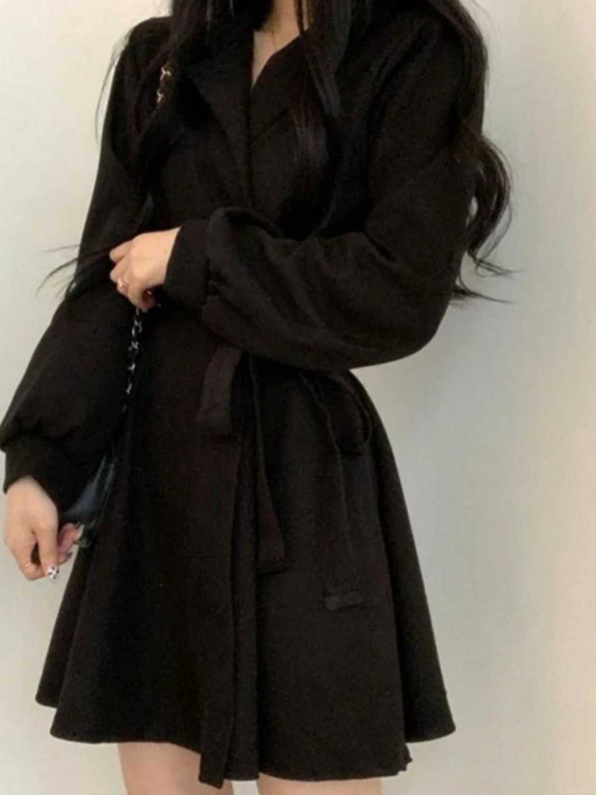 Bla Slimming Waist Gown Womens Faionable irt Dr Long Sve Autumn New Arrival A-Line Skirt V-Ne Casual SleT260314