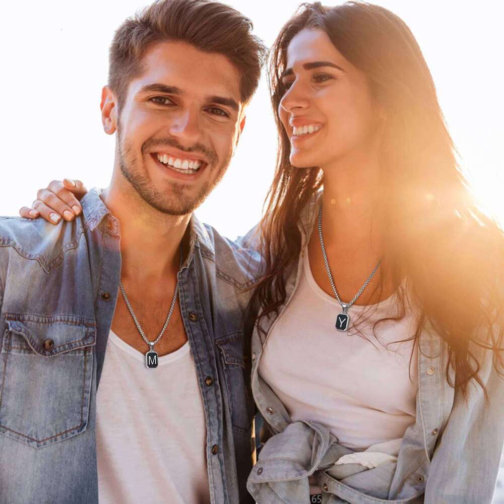 Stylish Initials Square Necklaces for Men Boys,A-Z 26 Letters Stainless Steel Pendant Collar Gifts,50/55/60/70cm H260312