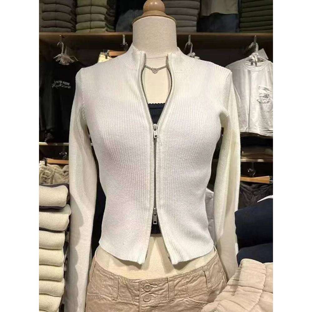 Solid Sexy Slim Knitted Sweater Women Autumn Soft Cotton Double Zippers Crop Top Vintage Simple Sweet Cardigan Tops Y2k Z260313