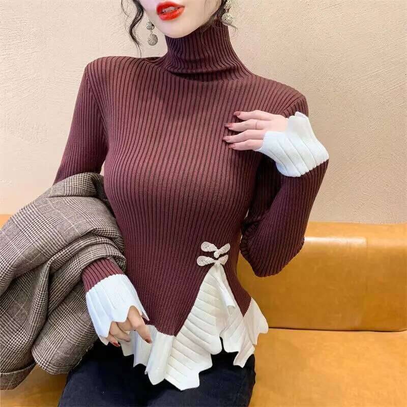 Vintage Knot Button Knitted New Spring Autumn Elasticity Slim Turtleneck Sweater Long Sleeve Office Lady Elegant Shirt Z260314