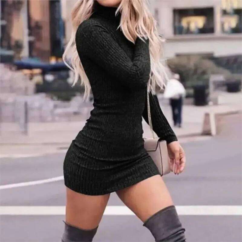 Long Sleeves Dress Vestidos Dresses 2025 Woman High Collar Solid Color Simple Style All-match Slim Package Hip Commuting Elegant Z260314