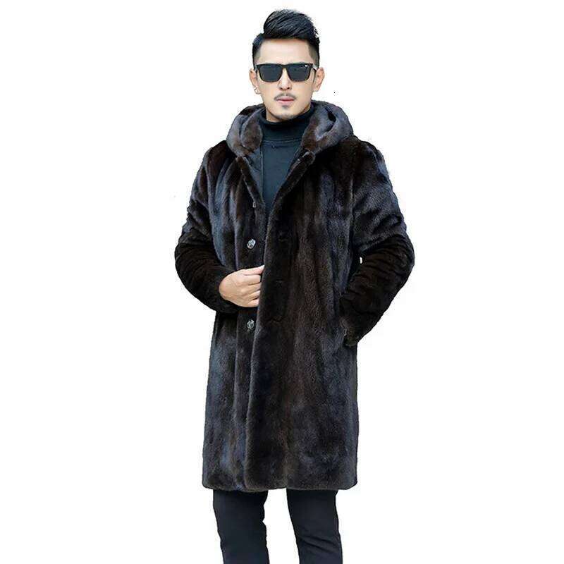 Men Faux Fur Hooded Single Breasted Jackets Thick Warm Straight Midi Length Jacket Pockets Casual Autumn Winter Z260313