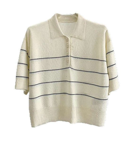 2026 High quality Women's Clothing Spring and Summer New Lightweight Two tone Striped Short sleeved Knitted Shirt