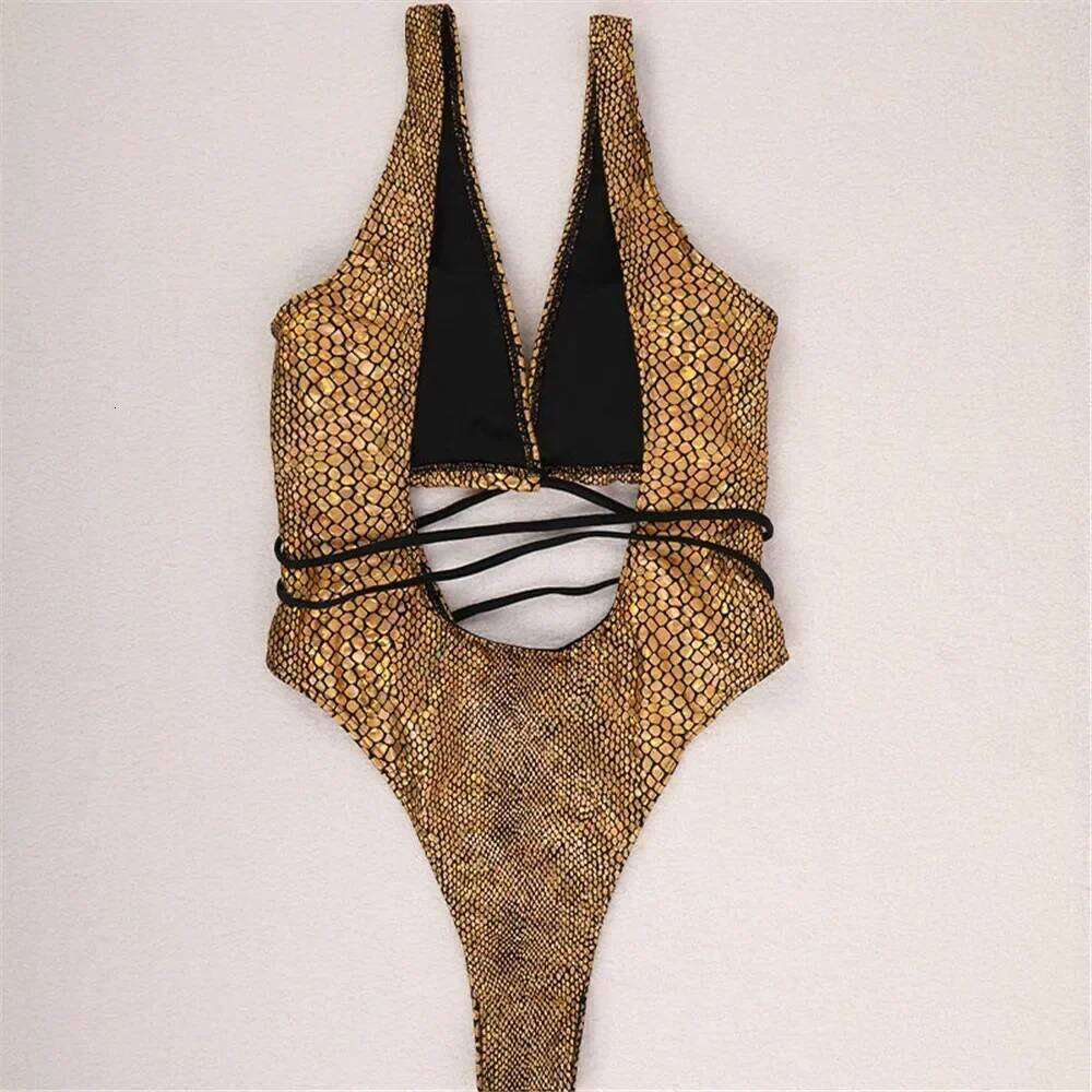 Sexy Gold Snake Print Shiny Swimwear Cut Out Monokini One Piece Swimsuits Women 2025 String Cross Bathing Swimming Suit Bodysuit Y260303
