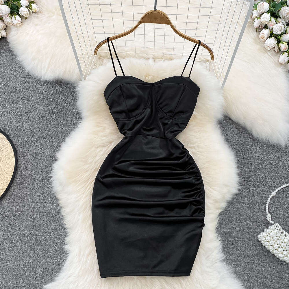 A13 Summer pure desire spicy girl vest skirt sexy acetate satin slim fit highlights petite figure pleated tight fitting dress