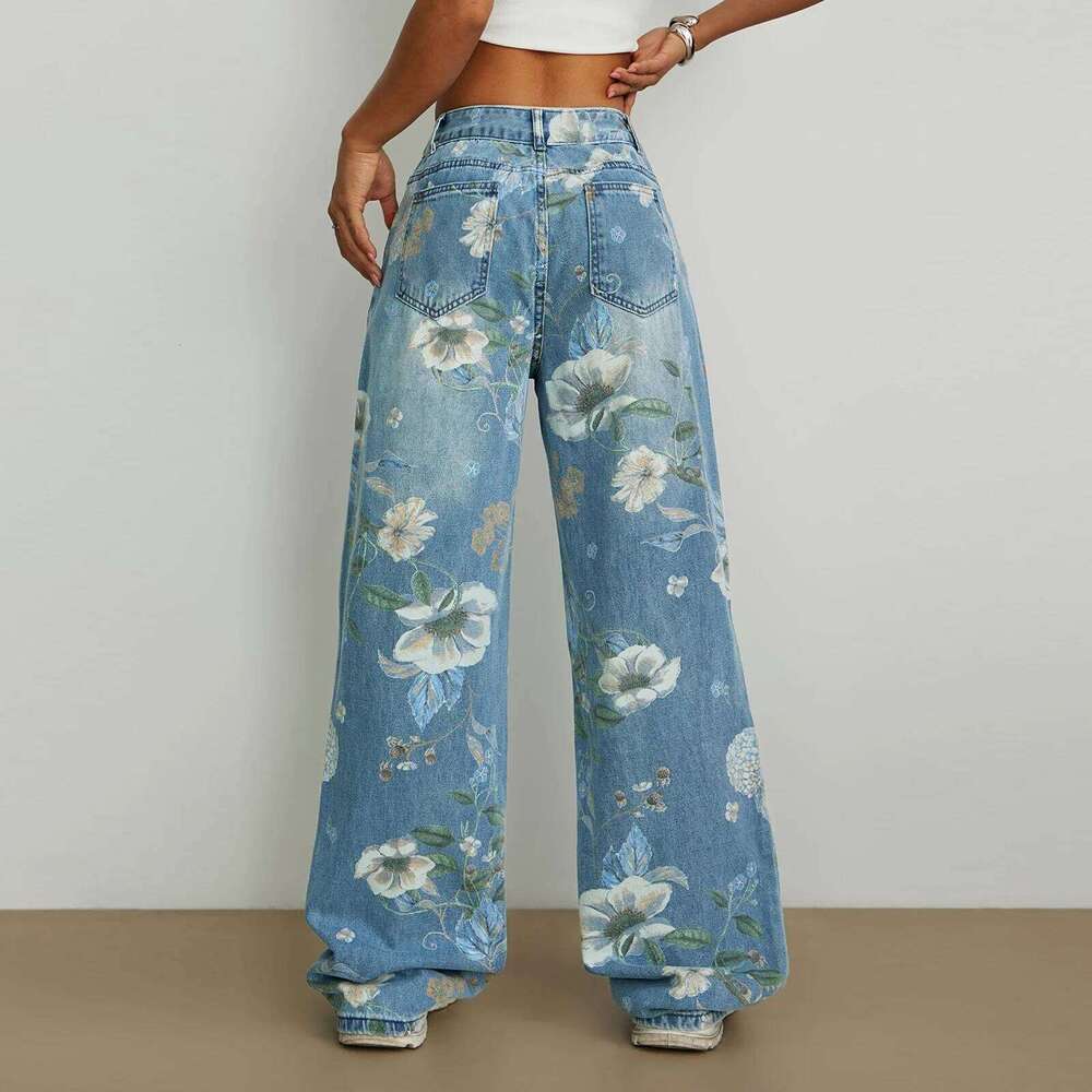 2025 New Y2K Women's Floral Print Denim Pants Lightweight Mid Waist Loose Wide Leg Jeans Trousers Z260313