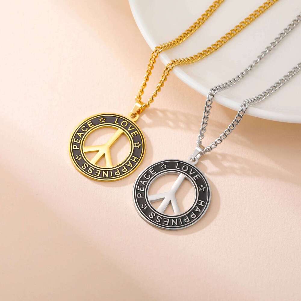 My Shape Round Peace Sign Symbol Pendant Necklace Stainless Steel Charm Choker Wax Cord Link Chain for Women Men Jewelry Gifts H260312