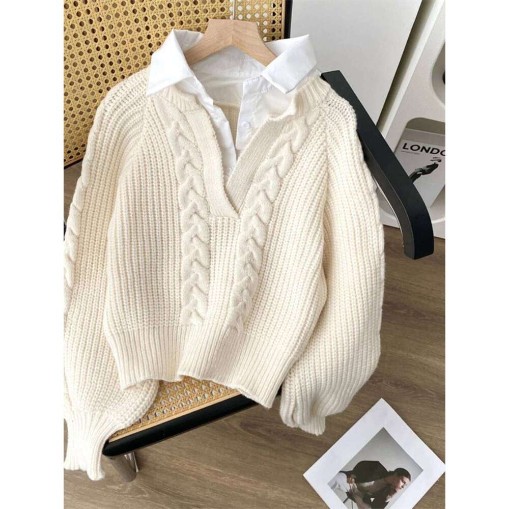 Fake Two Shirts Splicing Sweater Women's Spring Autumn New Contrast Color Design Sense Flip Collar Loose Outer Knitted Top Z260314