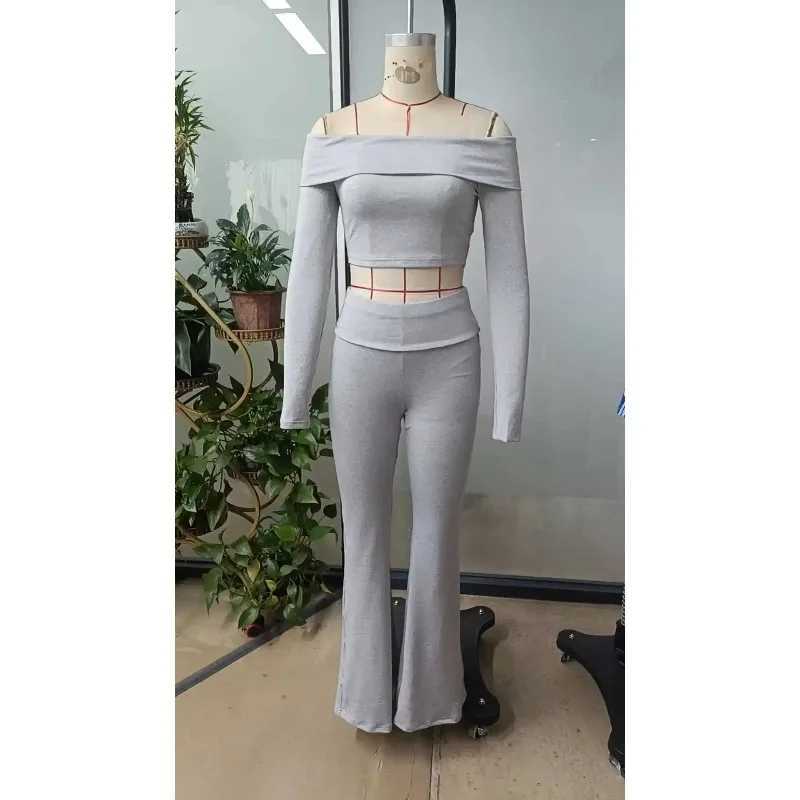 Casual Workout Two Piece Sets Woman Outfits Crop Long Sleeves Tops Foldover Flare Pants Tracksuit Suit Summer and Fall 2025 New M260313